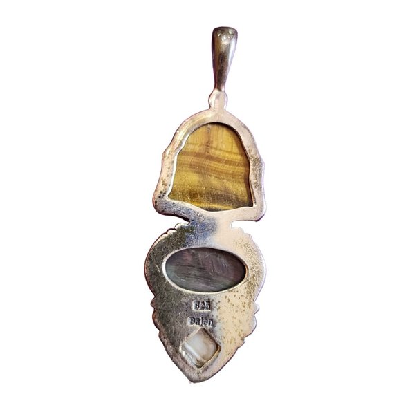 Vintage Sajen 925 Sterling Stunning Tiger Eye Abalone Shell Pendant (A2126) - Picture 3 of 4